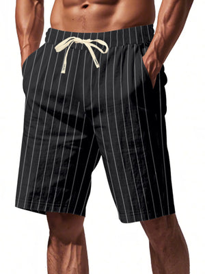Black pinstripe chino shorts with drawstring waist and pockets.