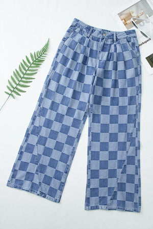 Checkerboard denim wide leg trousers in dusty blue with a relaxed fit.
