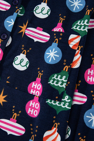 Navy blue lounge set with festive bauble print, featuring a chest pocket with "HO HO HO" detail.