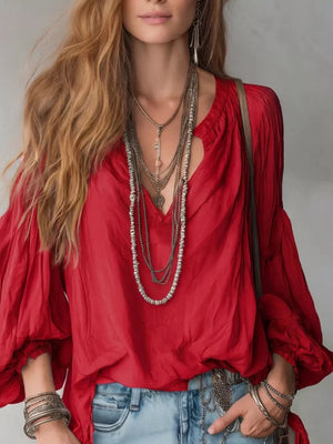 Notched Balloon Sleeve Blouse in Black, editorial view