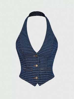 Halter Neck Denim Vest And Wide-leg Jeans Set, alternate angle