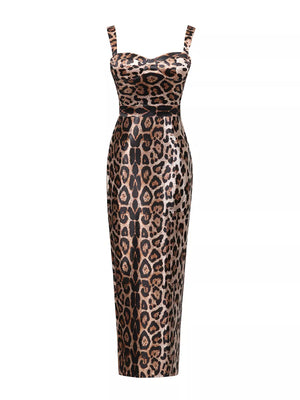 Leopard print bodycon midi dress with sweetheart neckline and adjustable straps.
