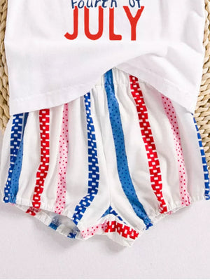 Baby girls' two-piece set with white top and striped shorts in red, white, and blue.