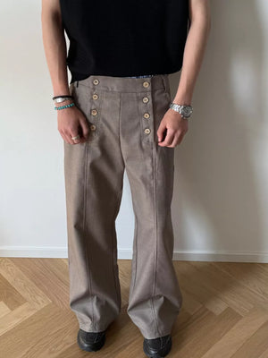 High-waisted wide leg pants in mocha with button detail and front seams.