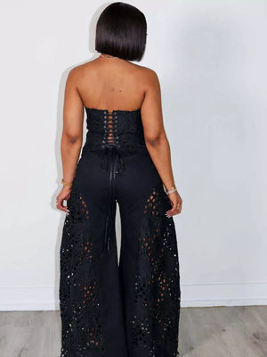Black lace cutout tube top with corset back and wide-leg pants set