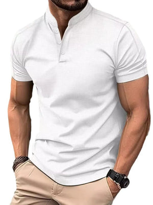 White short sleeve polo shirt with buttoned neckline and subtle texture