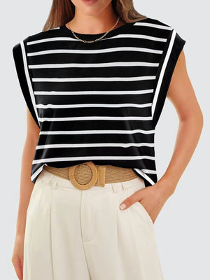 Black and white striped sleeveless tank top with a crew neck.
