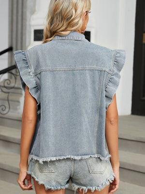 Light denim vest with ruffled cap sleeves and frayed hem.