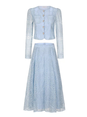 Light blue lace embroidered two-piece set with button-down crop jacket and a-line skirt.