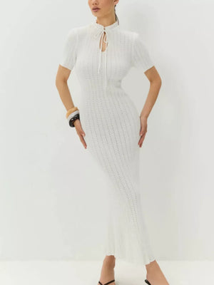 White knit mermaid swim dress with short sleeves and tied neckline