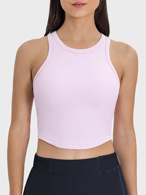 Blush pink ribbed racerback active tank top with round neckline