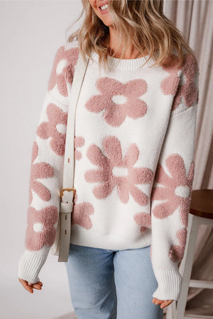 Textured floral knit pullover sweater in white with pink fuzzy flowers, crewneck, long sleeves.