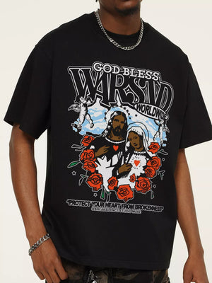 Black cotton graphic t-shirt with religious imagery and roses.