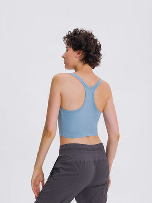 Light Blue Sculpted Racerback Crop Tank with a V-neck and cropped length.