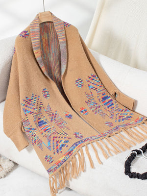 Camel knit cardigan with colorful Aztec print and fringe detail