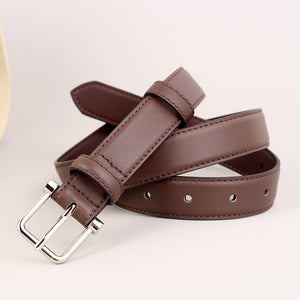 Brown cowhide leather belt with silver buckle and adjustable holes