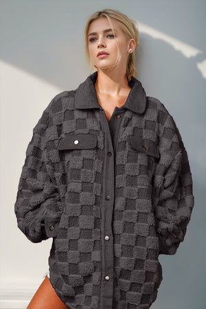 Textured checkered shacket with corduroy trim and buttoned pockets.