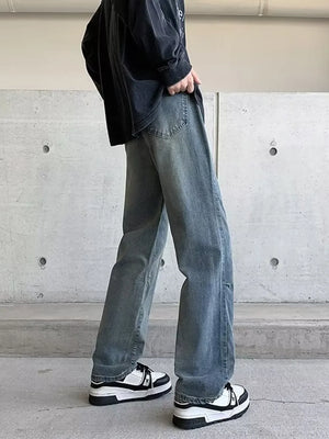 Men's vintage wash wide-leg jeans in light blue denim, relaxed fit.