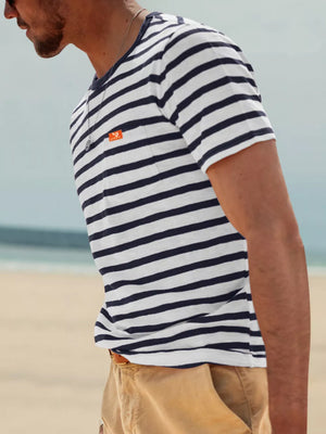 Men's Full Size Striped Pocket Short Sleeve T-shirt in Navy Blue, product detail