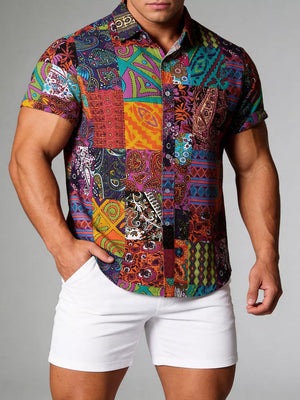 Button-down Graphic Short-sleeve Top in Camel, alternate angle