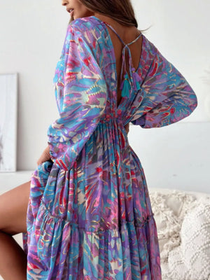 Printed V-neck Balloon Sleeve Maxi Dress in Black, editorial view