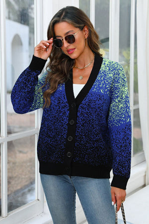 Speckled gradient knit cardigan in navy with button front and V-neck.