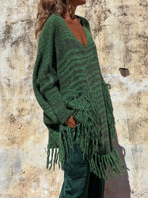 Green striped knit poncho sweater with V-neck and fringe detail