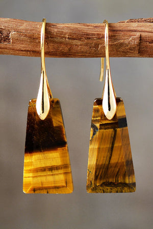 Tiger's eye trapezoid drop earrings with gold hooks, boho style.