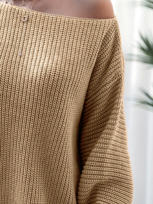Off-shoulder ribbed knit mini dress in Khaki, 100% acrylic, with a casual, basic style.