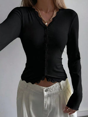 Lace Trim V-neck Ribbed Long Sleeve Blouse in Dark Blue, view 13