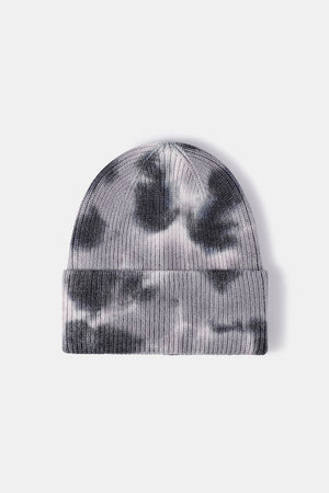 Ribbed knit beanie in gray tie-dye pattern.