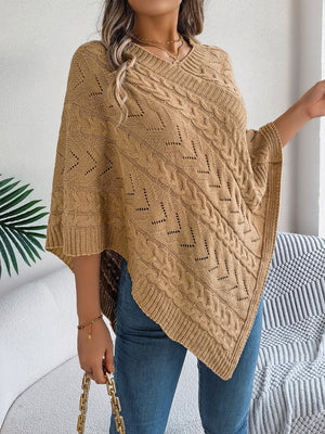 Camel cable knit poncho with chevron detail and V-neck