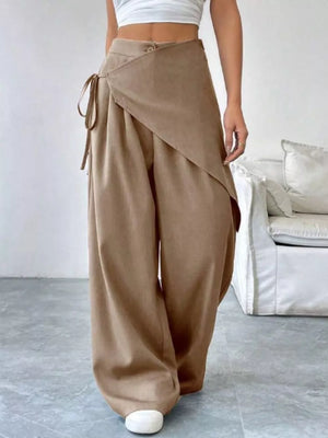Chic high-waisted wide-leg maternity pants in Khaki with a wrap detail and tie closure.