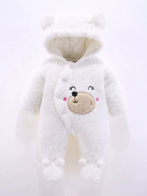 White hooded baby one-piece with bear ears and embroidered face detail