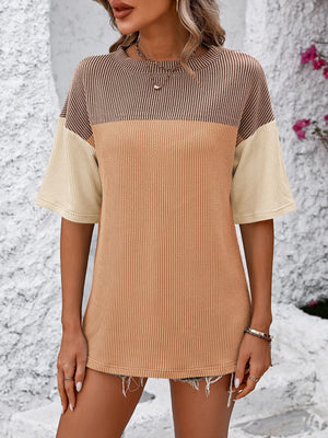Mandy Color Pop T-Shirt in Camel/Orange and White/Blue colorblock with striped detail.