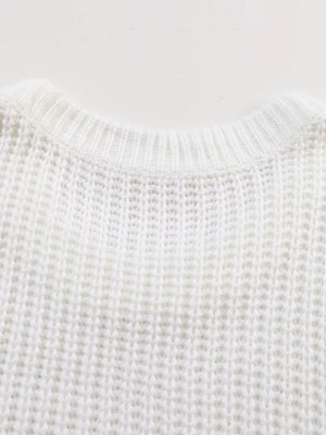 Ribbed Knit Round Neck Chunky Sweater in White, product detail
