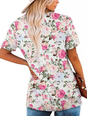 Floral ruched v-neck t-shirt in white with pink and blue flowers, short sleeves