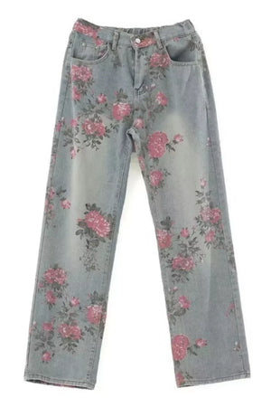 Maternity wide-leg jeans in light wash denim with an all-over pink floral print.