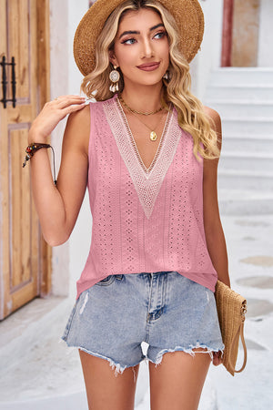 Pink eyelet V-neck tank top with lace trim detail and short sleeves