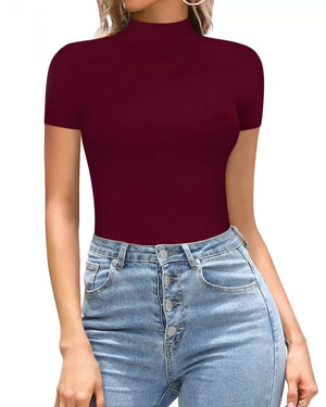 Burgundy mock neck short sleeve form-fitting bodysuit