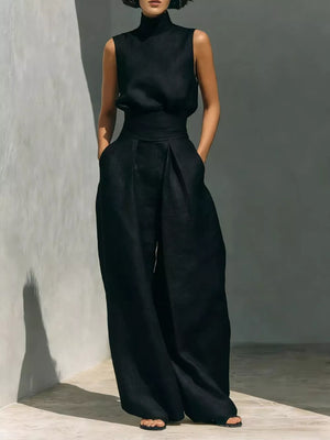 Sleeveless Wide-leg Jumpsuit With Smocked Waist in Apricot, alternate angle