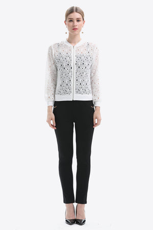 White lace-cut bomber jacket with a zip front and ribbed cuffs.