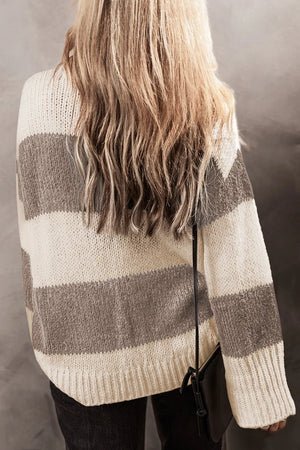 Relaxed knit sweater in mocha and cream stripes with ribbed cuffs and hem.