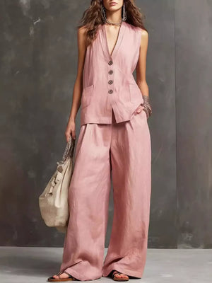 Sleeveless Buttoned Vest And Wide-leg Pants Set, front view