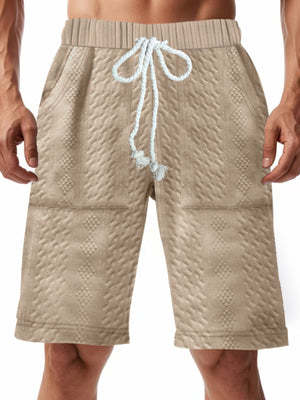 Men's khaki quilted texture drawstring chino shorts with diamond pattern detail.