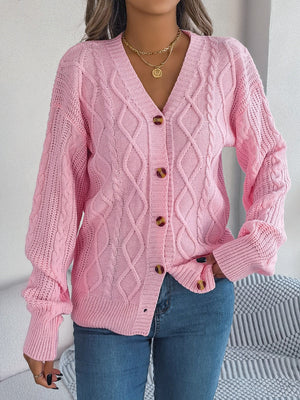 Blush pink cable knit cardigan with balloon sleeves and button front