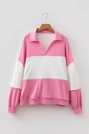 Color Block Ricrac Trim V Neck Long Sleeve Top in Pink, fabric detail