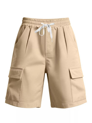Khaki cargo shorts with drawstring waist and side pockets