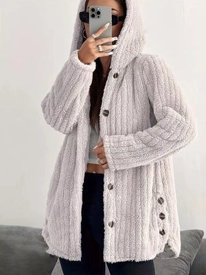 Light grey button-up fleece jacket with hood and textured fabric