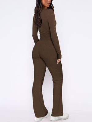 Brown ribbed loungewear set with long sleeves and flared pants.